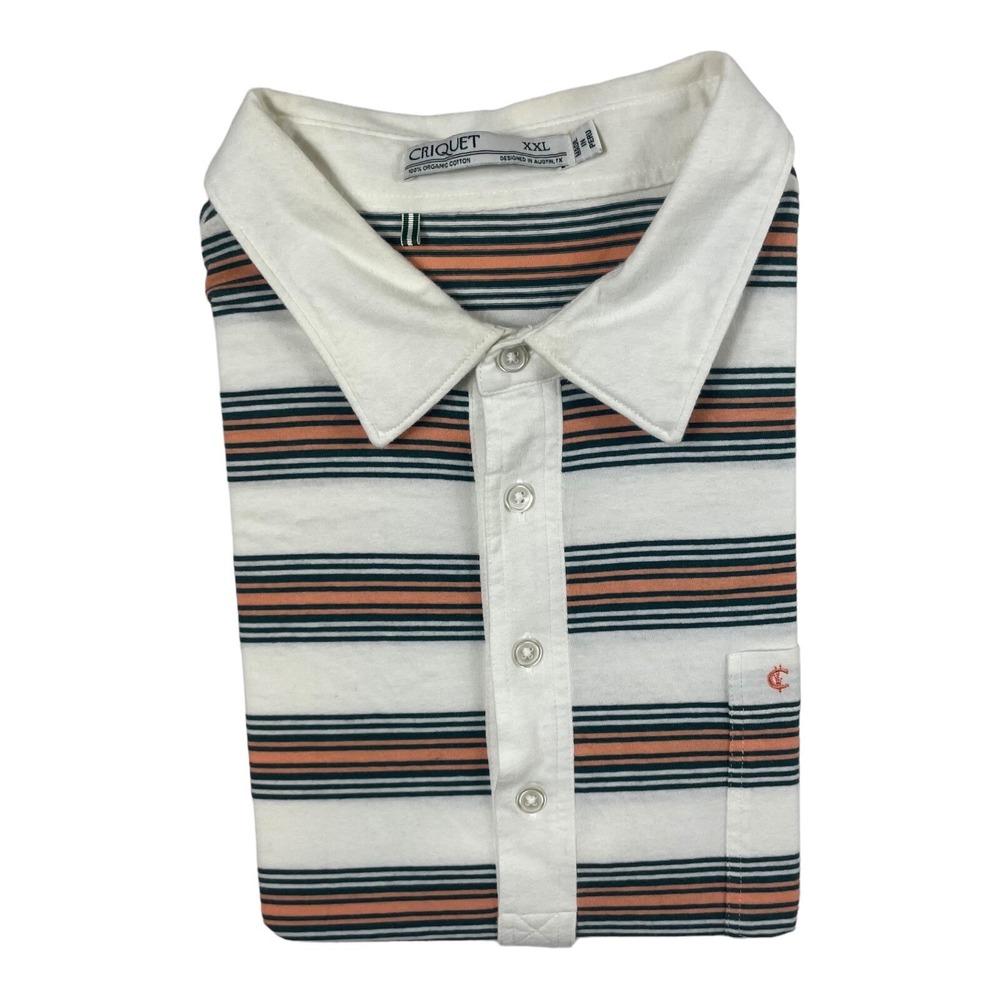Criquet Mens White Blue Orange Striped Organic Cotton Golf Polo Shirt XXL 2XL